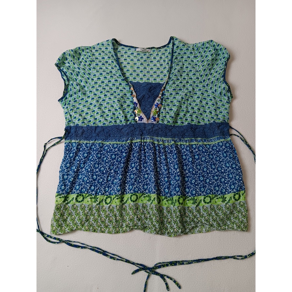 Dressbarn Woman 2X Tunic Top Blue Green Floral Sequin‎ Lace Empire Waist Cotton